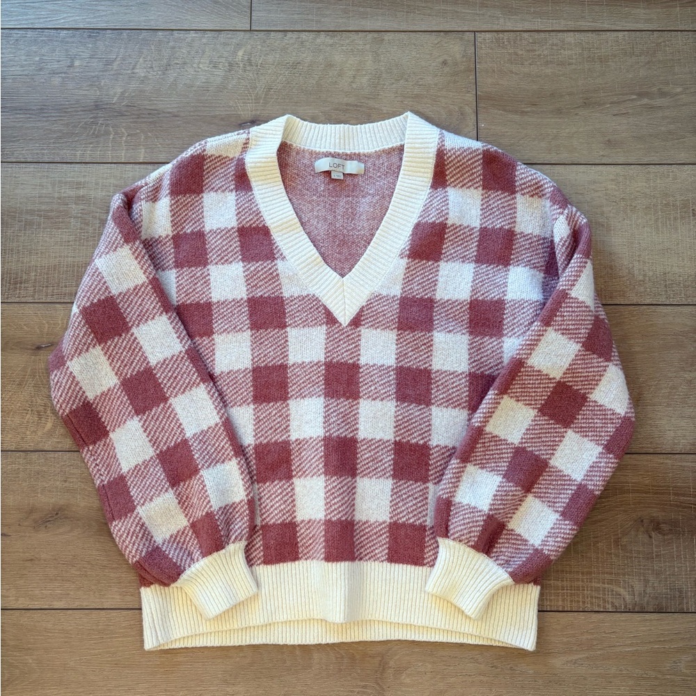 LOFT Pink and White Checkered V-Neck Sweater - Picture 2 of 9